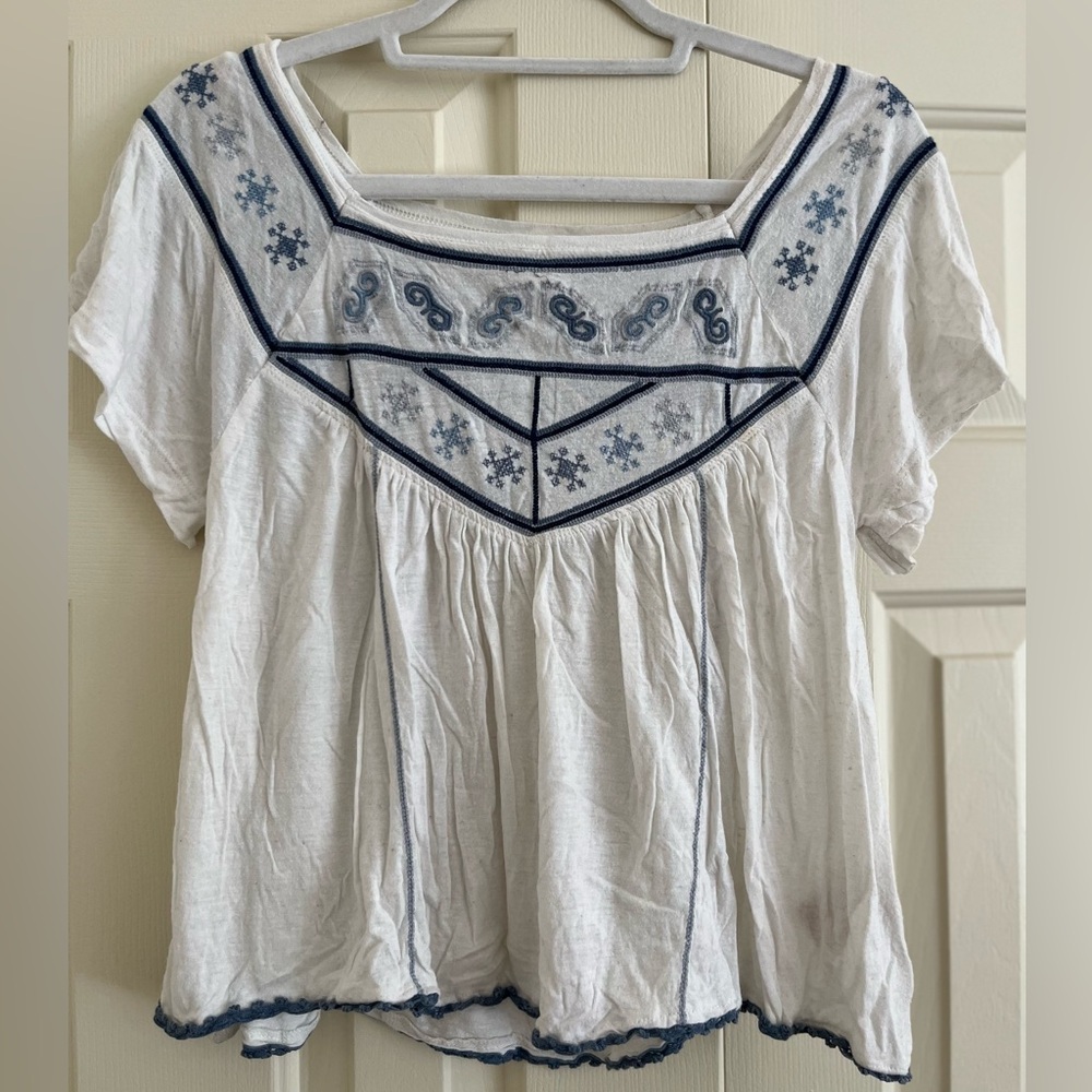 Free People White and Blue Embellished Blouse with Sailor Collar